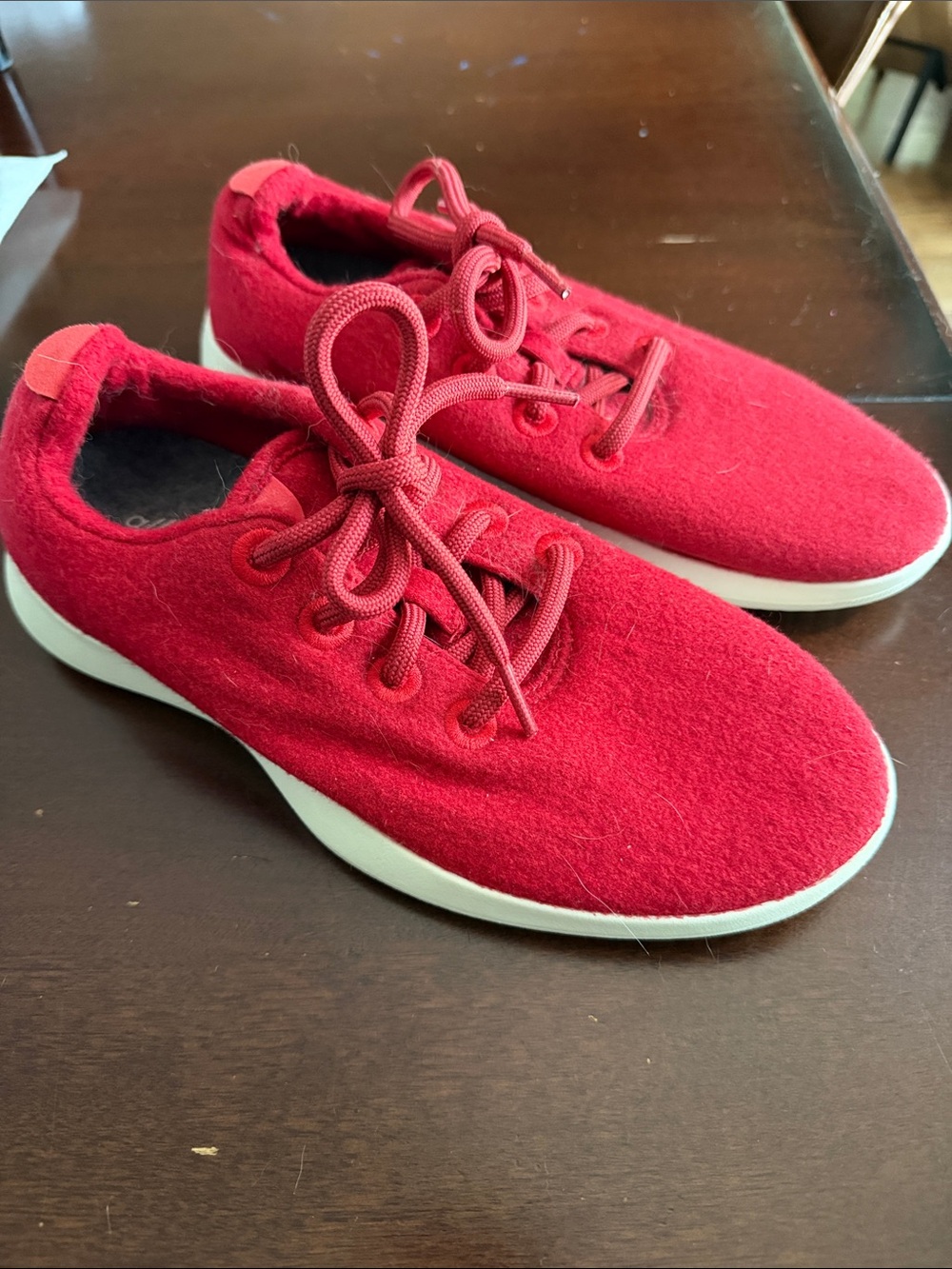 allbirds Women's Red Wool shoes with White Soles size 7